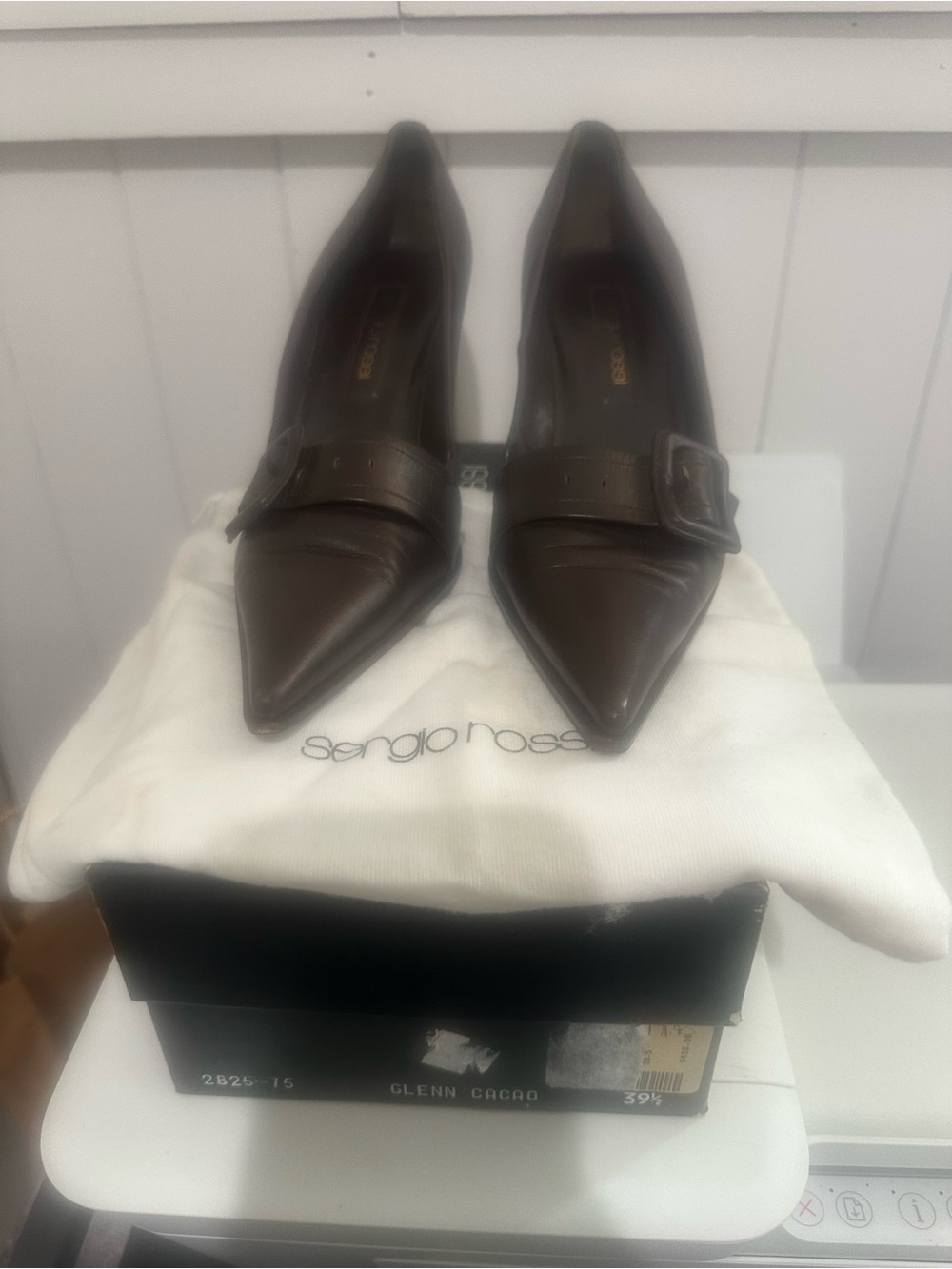 Sergio Rossi Chocolate Brown Pointed Leather Pumps with Buckle